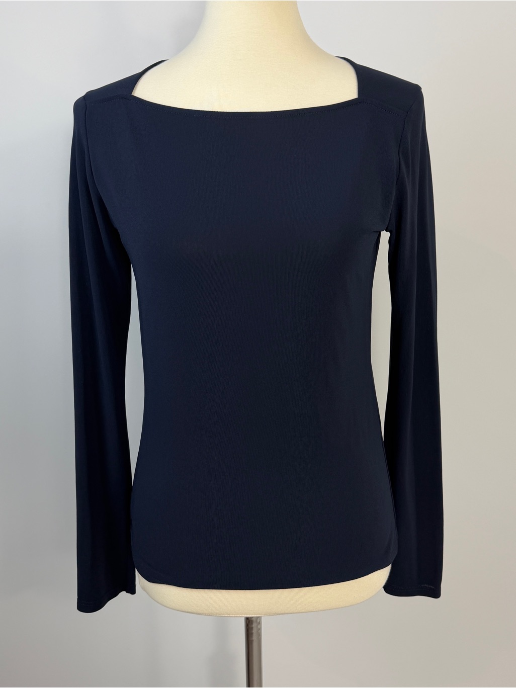 M.M. Lafleur Navy Blue Crepe Square Neckline Long Sleevefitted Sleek Top Xs